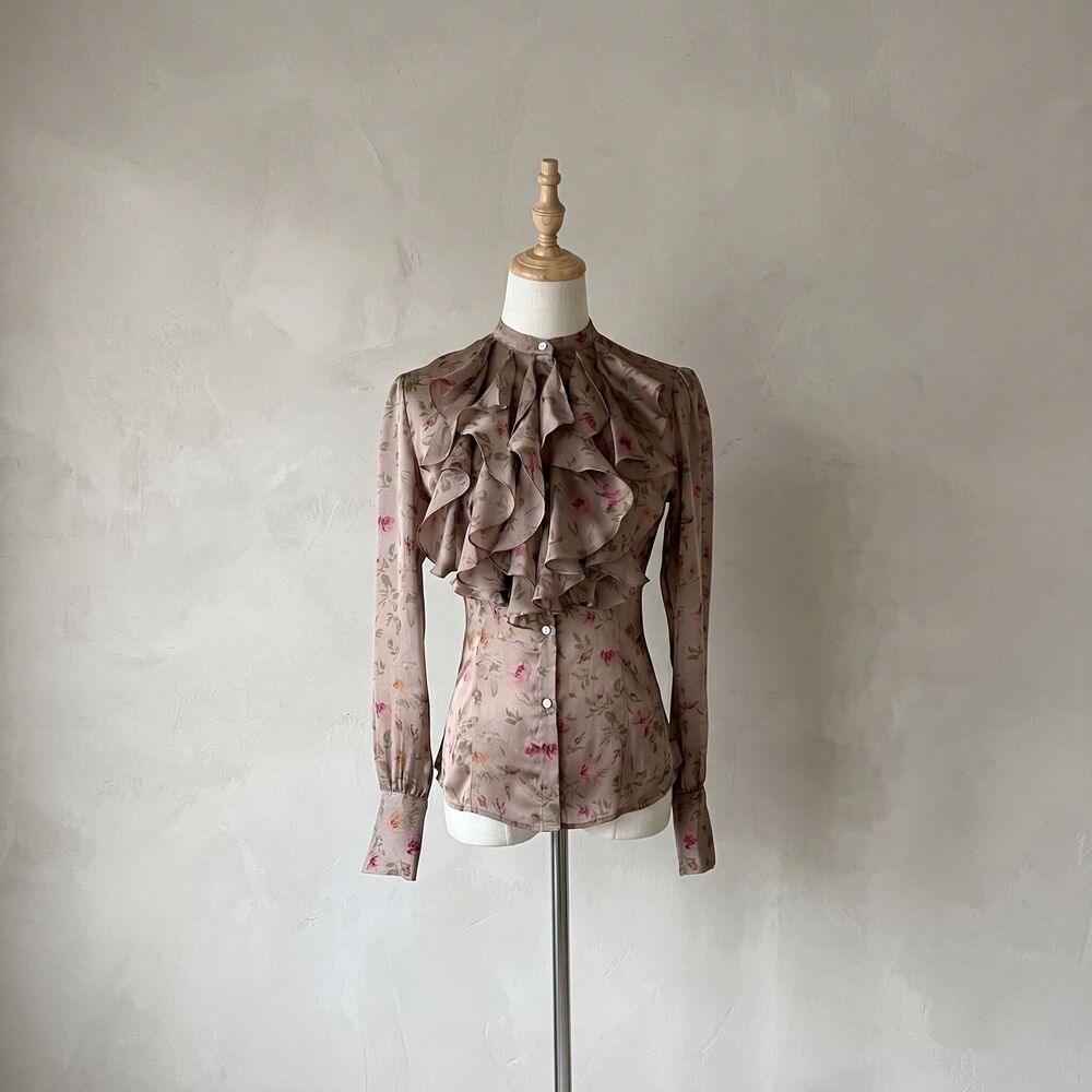 Lauren Ralph Lauren c. 2000s Silk Jabot Blouse in Mountbatten Beige Floral | 6P